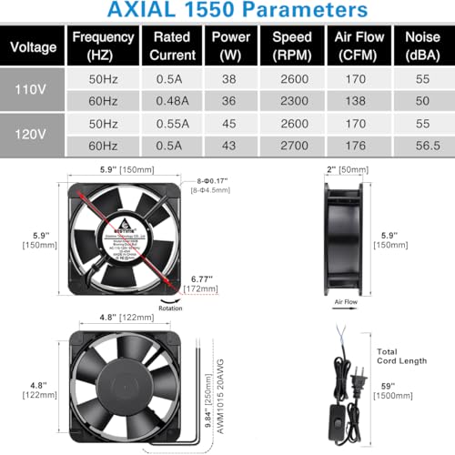 GDSTIME AXIAL 15050 Muffin Fan, 120V AC 150mm x 50mm, Dual Ball Bearing | 110V 115V, ON/OFF Switch, 150x150x50mm, High Speed, for Air Hockey Table, Generator Box Cooling Ventilation Exhaust Projects - size: 150x150x50mm