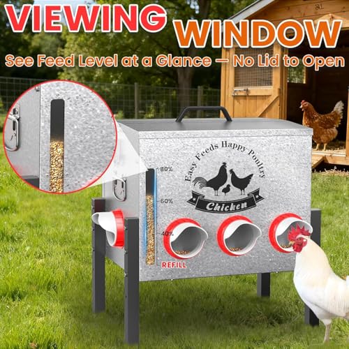 10-Gal Metal Automatic Chicken Feeder with 8 Feeding Ports | 55LB Capacity, Anti-Waste Design, Rust-Proof Alloy Steel, Clear Viewing Window, 3-Level Legs for Outdoor Chicken Coops - size: 10GAL-55LB