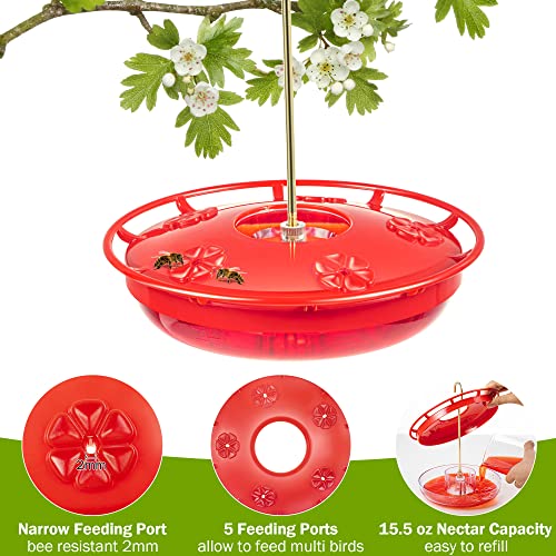 15.5 OZ Hanging Hummingbird Feeders for Outdoors with Rain Guard, Leak Proof Saucer Humming Bird Feeders with Ant Moat, 5 Flower Feeding Ports and Cleaning Brush for Garden Yard Patio (1 Pack)