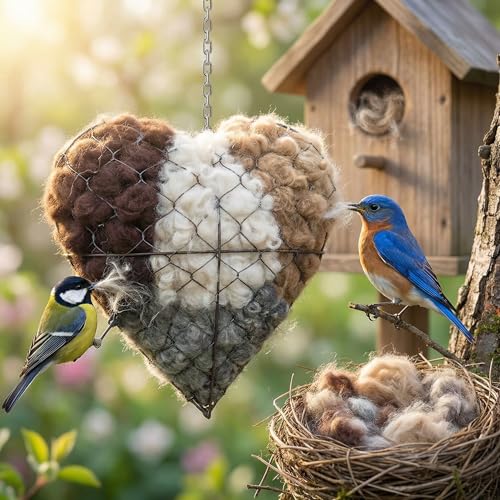Handmade Fiber Bird Nesting Heart,Birds Nests Material Holder,Refillable Bird Haven Heart-Shaped Hummingbird Nest with Nesting Material,Winter Tree Shelter for Wild Bird,Gift for Hummingbird Lover,1PC