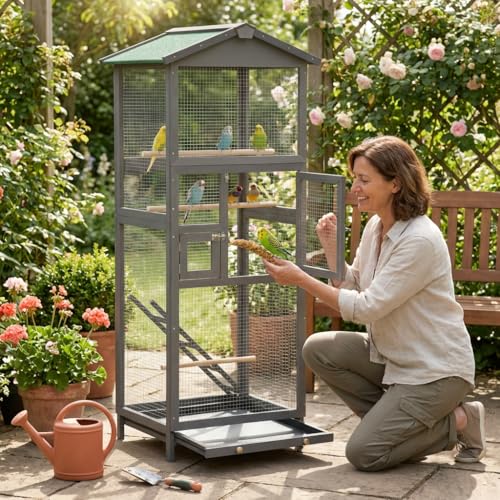 Indoor and Outdoor Aviary House, Wooden birdcages Bird Cage with Pull Out Tray and Wooden Bird cage Two Doors, Spacious Multi-Level Design for Small Birds Like Parakeets, Canaries