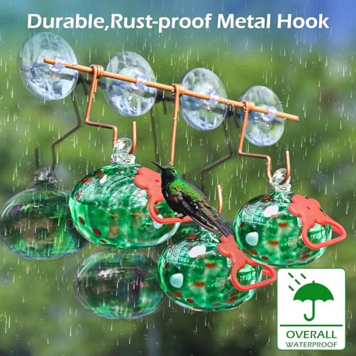 Pozfun Window Hummingbird Feeder with Suction Cups,Hand-Blown Glass Hummingbird Feeders for Outdoors Window Mounted with Metal Hook,Close Bird Watching,Finch in Garden,Yard(Green) - color: Green