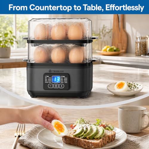 Tesslux Egg Cooker, Dual Layer 12 Egg Boiler, Soft Hard Poached, Black | LED Countdown Timer, Touch Control, Poaching Bowl, Omelet Maker, Two Trays, Vegetable Steamer, Auto Shut-Off, Buzzer Alert - color: Black