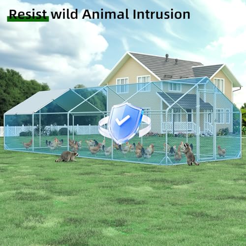 4ever2buy Metal Chicken Coop, 9.5x25 FT Walk-in Chicken Run Pen Poultry Cage, Water-Resistant & Anti-UV Cover, Large Chicken Coop for 25-30 Chickens - size: 298.8"L x 114.0"W x 76.8"H