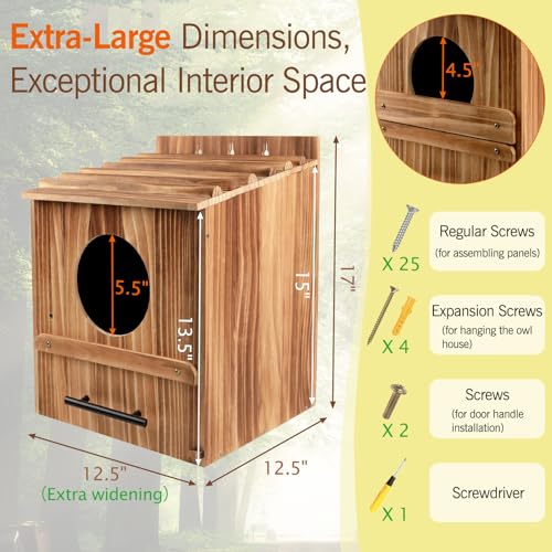 Large Owl Houses for Outdoors, 17" x 12.5" x 12.5" Barn Owl Box | Extra Wide Wooden Bird Nesting Box with Removable Entrance Plate - Habitat for Barn, Screech, Boreal, Saw-Whet & Elf Owls