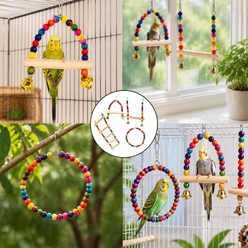 4 Piece Bird Ladder, Budgie Toys for Small to Medium Birds, Parakeet Cage Accessories Set, Natural Wood Bird Climbing Toys for Cage Environment Enrichment and Physical Activity