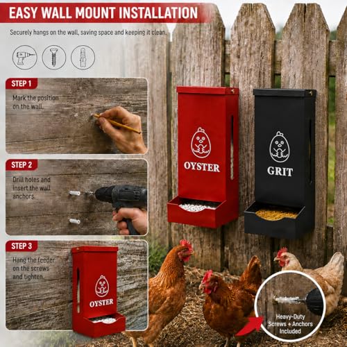 Chicken Feeder 2 Pack, Hanging Gravity Feeding Kit for Oyster Shell & Grit, Sturdy Metal Poultry Dispenser with Protective Cover, Weatherproof Food Holder for Chicken Coop, Ducks and Pigeons