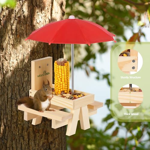 Squirrel Feeder Table with Umbrella, Wooden Squirrel Picnic Table Feeder, Sturdy Squirrels Feeder Corn Cob Holder, with Solid Structure and 2 x Thick Benches(1pk) - color: 1-Red