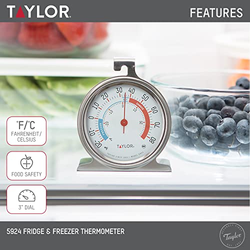 Taylor 5924 Large Dial Kitchen Refrigerator and Freezer Analog Thermometer, 3-Inch Dial, Easy to Read, Silver Finish, Accurate Temperature Monitoring - size: 1 Pack