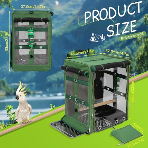 Bird Carrier Travel Cage, Cockatoo Carrier, Parrot Travel Backpack with Unbreakable Stainless Steel Mesh, Perch, Water Bottle and Food Bowl, X-Large Green - color: Green, size: 17.5"L x 14.8"W x 23.6"H