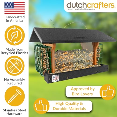 DutchCrafters Poly Hanging Large Hopper Bird Feeder with Two Suet Cake Holder Cages, Durable Long Lasting Outdoor Bird Feeder - Amish American Made in USA (Black & Cedar) - color: Hanging - Black & Cedar