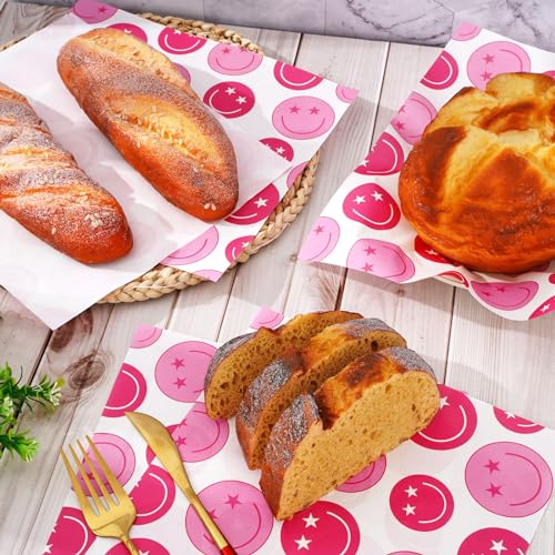 JarThenaAMCS 150 Pcs Preppy Wax Paper Pink Smile Face Deli Paper Tissue Sandwich Wrap Waterproof Oil-Proof Picnic Liners for Party Kitchen Supplies, 9.8 x 8.3 Inch - color: Preppy Smile Face