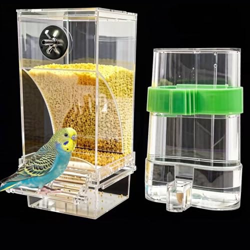 Automatic No Mess Bird Feeder Water Dispenser Set | Acrylic Transparent Parakeet Cage Accessories Bird Feeder and Waterer in Cage for Small and Medium Cockatiel Finche Lovebird - color: Transparent + Green
