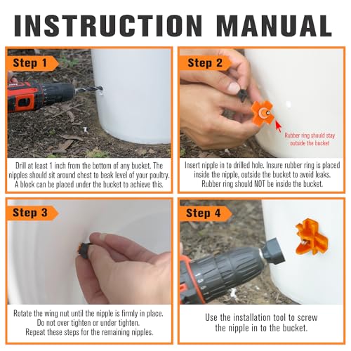 Chicken Waterer Nipples, Pack of 20 (Orange), Horizontal Side Mount, Anti-Leak Automatic Water System for Poultry, Suitable for Chickens, Duck, Quail, Includes Drill Bit & Installation Tool