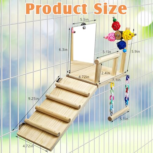 BNOSDM Bird Perch Platform with Mirror, Wooden Climbing Ladder for Parakeet, Small Bird Swing Toys with Rotating Balls Parrot Cage Accessories Budgie Playground for Cockatiel, Lovebirds, Conures - color: 5in1 Bird Perch Platform