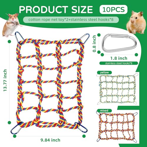 2 Pcs Rat Climbing Ropes for Cage Rat Cage Accessories Bird Rope Rat Toys for Pet 12.6 x 9.84 inch Hammock Hamster Cotton Rope Bridge Bird Ladder with 4 Silver Hooks（Yellow） - color: Yellow