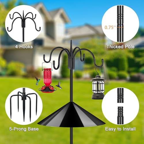 Heavy Duty Shepherds Hook Squirrel-Proof Bird Feeder Pole 92" Four Hooks 5-Prong Base & 19" Baffle for Outdoor Feeders & Plants - color: w/ Squirrel Baffle, size: 92" Quadruple Hook