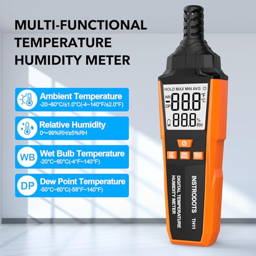 Temperature Humidity Meter, High Precision Digital Hygrometer with Ambient, Dew Point, Wet Bulb Temperature for Indoor Outdoor, Thermometer with Min/Max, Data Hold, LCD Backlight, TH11 - color: Orange, size: TH11
