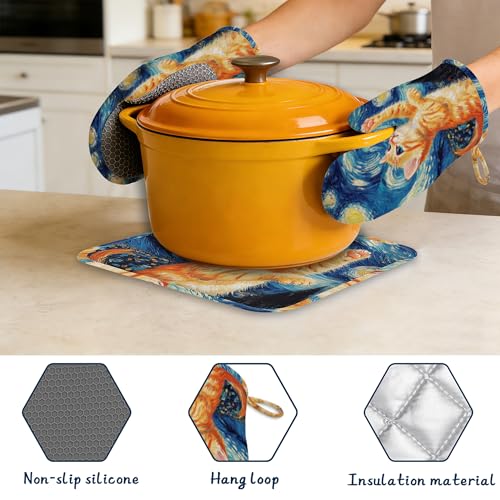 Kitchen Mitts Set,Cute Cat Oven Mitts and Pot Holders Sets,Thick Cotton Heat Resistant Blue Starry Sky Hot Pan Holder Extra Long Cooking Mitts for Cooking Baking Grilling BBQ Bakeries - color: Cute Cat