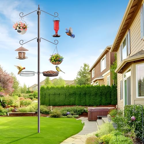 Bird Feeding Station Kit, 81-Inch, 4-Hook Metal Bird Feeder Pole | Bird Bath Bowl, Mesh Seed Tray, Freestanding 5-Prong Base, Removable Parts, Easy Assembly, for Patio, Lawn and Garden - size: 81 Inches without Squirrel Baffle