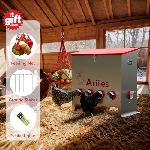 100lb Automatic Chicken Feeder with 6 No-Waste Ports, Metal Poultry Feeder with Elevated Stand & Weatherproof Lid, Large Feed Dispenser for Chickens, Ducks & Backyard Poultry - size: 100 LB