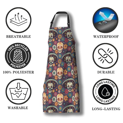 Chef Apron for Men Mexican Sugar Skulls Flowers Craft Aprons for Women for Kitchen Cooking Restaurant BBQ Painting Crafting 27” (W) x 31” (H), Waterproof Aprons - color: Mexican Sugar Skulls Flowers