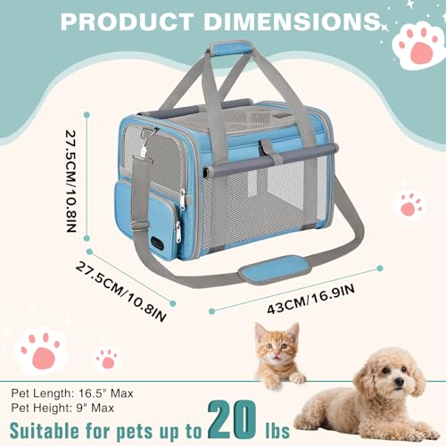Cat Carrier Airline Approved Privacy Portable Top Load Pet Travel Bag | Soft Sided Pet Carriers for Small Cats Dogs Puppy up to 16 Lbs,Collapsible,Zipper Lock,Luggage Sleeve,2 Storage,Washable - color: Sky Blue