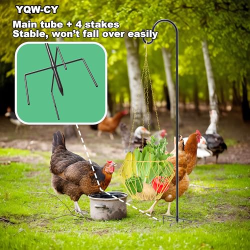 Hanging Chicken Feeder with Shepherd's Hook, Foldable Chicken Vegetable Feeder, Golden Poultry Fruits Feeding Holder Basket with Hanging Chain for Chicken Coop Accessory