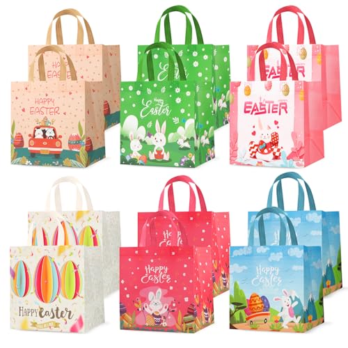 Bszatan 12PCS Easter Gift Bags with Handles, Treat Bags with Happy Bunny Carrot Chick, Multifunctional Non-Woven Easter Baskets for Egg Hunt, Gifts Wrapping, Party Supplies, 8.3×7.9×5.9inch - color: 12 gift bags
