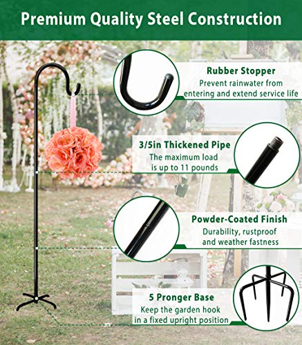 Adjustable Outdoor Shepherd Hook Stand with 5 Prong Base, 92 Inches Tall 3/5 in Thick, Shiny Black (1 Packs) - size: 92in-Single