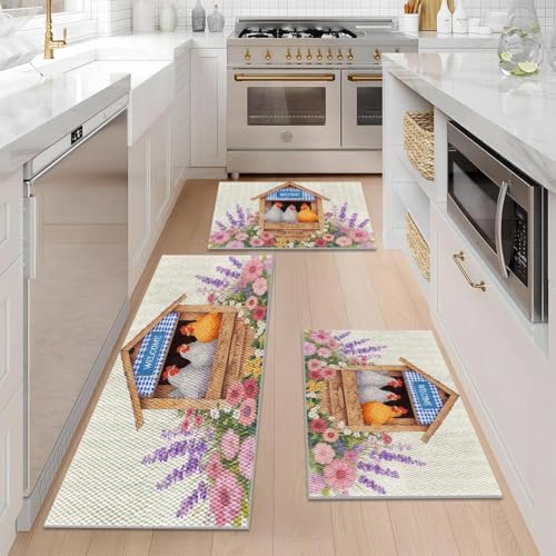 Farmhouse Kitchen Rugs Set of 3, Non Slip Washable Durable Stain Resistant Floor Mat Set,Welcome Coop&Pink Floral Pattern Warm Home Decoration,Rooster Welcome Kitchen Runner Rug 16"X24"+20"X32"+20"X47 - color: Multicolour-coop&pink Floral