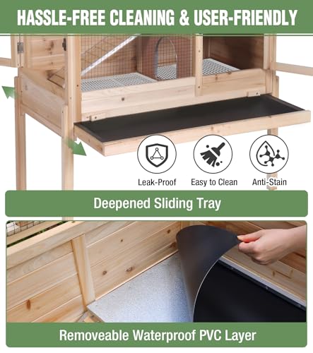 Guinea Pig Cage Indoor with Chew-Proof Edges, Clean Deep Tray | Rabbit cage with leakproof PVC layer, detachable legs, openable roof, multiple ventilated doors, Wooden - color: Natural Wood