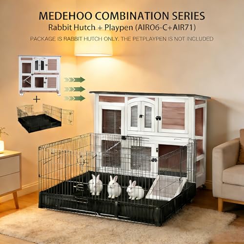 47.2" Two-Story Rabbit Hutch with Wheels, Indoor Outdoor Bunny Cage with Openable Viewing Window & Leakproof Sliding Trays, Wooden Rabbit House with Ramp-(Brown) - color: Brown-AIR06