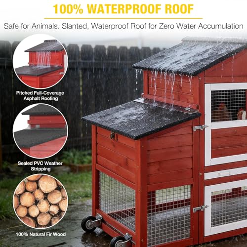 Aivituvin Large Chicken Coop with Wheels, Outdoor Hen House Mobile Poultry Cage with Run, Weatherproof Asphalt Roof, Sectionable Nesting Box, Leakproof Pull-Out Tray for 4-6 Chickens - Red