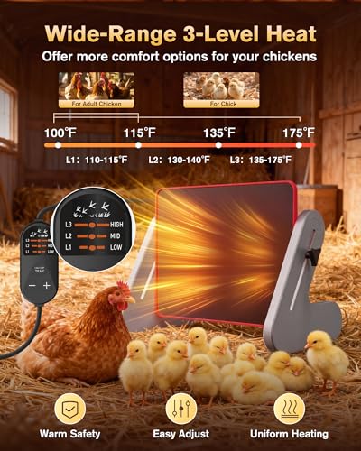 PETTEN 11"x14" Chick Heat Plate – 60W Energy Efficient Chicken Brooder Heater, Height & Angle Adjustable, 3 Temp Wired Remote, Stand/Wall Mount, for 35 Chicks, ETL Certified - size: 11*14inch