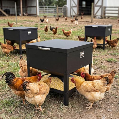 Metal Chicken Feeder, 56L Large Capacity Galvanized Steel Poultry Feeder with Raised Legs, 18 x 19.3 x 18 in Feed Storage Bin for Chickens, Ducks and Backyard Coop, Black