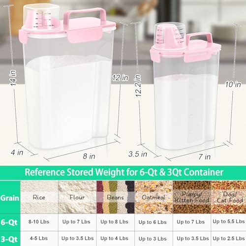 TBMax 2 Pack Airtight Rice Container 5 Lbs +10 Lbs, Cereal Container Oatmeal Storage with Easy-pouring Spout & Handy Cup for Flour Grain Beans, Pet Dog Cat Bird Food Storage Dispenser -Pink - color: Pink 3+6Qt