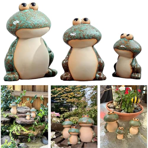 Ceramic Frog Garden Decor Set of 3 - Funny Cute Frog Lawn Ornaments, Outdoor Pond Patio Statues for Yard, Front Porch, Backyard Decor (Dad, Mom & Baby Frogs)