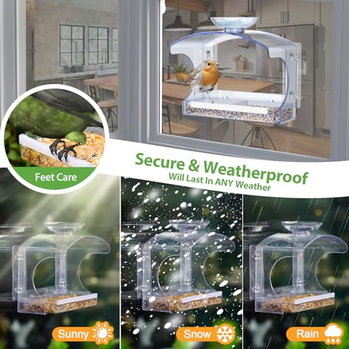 Clear Window Bird Feeder with Water Bowl | Self-adhesive hooks, brush for easy cleaning, ideal gifts for mom parents, clear design for close-up bird watching