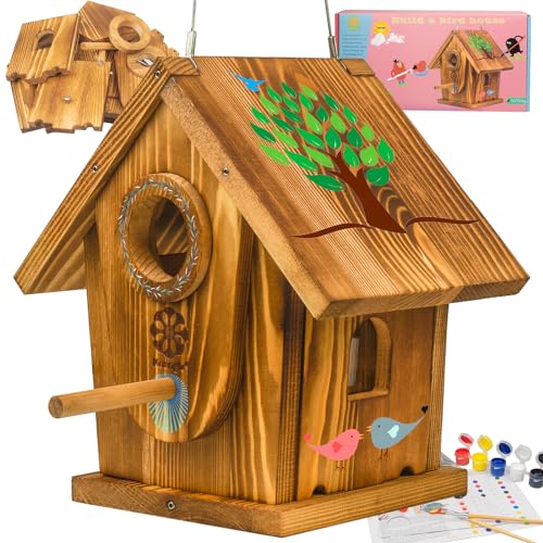 Bird House Kit for Kids & Adults, DIY Cedar Birdhouse with Paint | Mortise & Tenon, Carbonized Cedar, 3 Entrance Sizes, Stainless Steel Hooks, for Bluebird Wren Cardinal