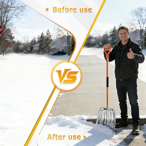 Scoop Shovel, Snow Shovel for Driveway, Non-Slip Wood Handle, D-Handle | Clear Snow, Gravel & Debris Quickly from Driveways and Yards! Wide Heavy Shovel Blade Moves More Material with Less Effort