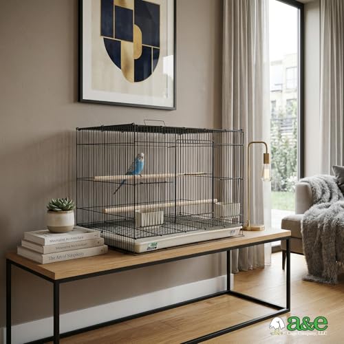 A&E Cage Co 503 Flight Cage – 24"x16"x16" Small Bird Cage with Slide-Out Tray, Wood Perch, Dual Feeding Stations & Carry Handle – Black Powder Coated Cage for Finches, Canaries & Small Birds - color: Black, size: 24.0"L x 16.0"W x 16.0"H