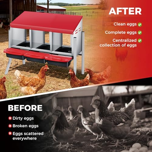 3 Hole Chicken Nesting Boxes, Weatherproof Galvanized Steel Chicken Egg Laying Box with Automatic Rollout Egg Collection, 2-in-1 Handle Perch, Easy Clean & Quick Assemble for Chicken Coop - color: Red, size: 3 holes with legs