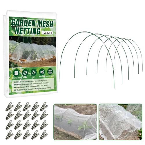 Garden Netting Kit for Raised Beds, 10x30FT Ultra Fine Mesh Netting ＆6 Sets Fiberglass Garden Hoops, Insect Netting for Garden Plant Row Cover Vegetable Flowers Protection Barrier - size: 10x30FT