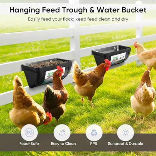4 Pack Goat Feeders Hanging, 4.5 Quart Black Chicken Feeder, Rabbit Feeders | Feed Buckets for Horses with Clips Hanging Fence Feeders, Duck Feeder, Chicken Water Feeder, Poultry Feeding Trough - color: black