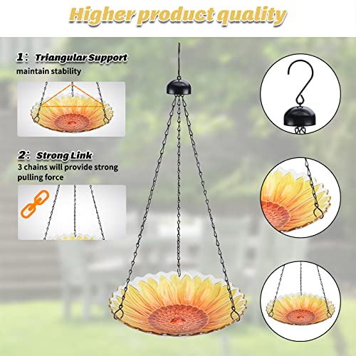 Hanging Glass Bird Bath Sunflower Outdoor Birdfeeder Garden Decor | 11-inch Hanging Glass Bird Bath and birdfeeder with Water Ripple Rim for Outdoor Yard Patio Decor, Bird Drinking and Bathing - color: Orange