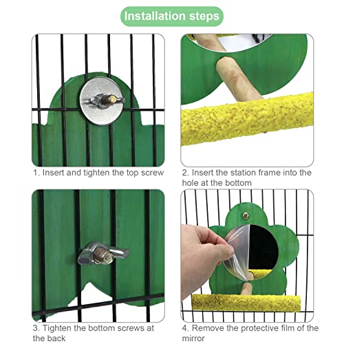 Bird Parrot Mirror with Perch Natural Wood Swing Colorful Sand Grind Paw Trim Beak for Small Parrot Parakeet Cockatiel Lovebird Conure Finch Budgie (Flower-Shaped)