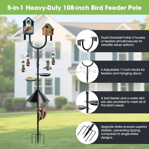 Bird Feeder Pole Squirrel Proof,Adjustable 47"-108" Heavy Duty Bird House Pole,Upgraded U-Shape Platform,4 Shepherd Hooks for Feeder Stand,Includes Birdbath,Tray for Outdoor Garden & Yard - style: With Squirrel Proof & Tray