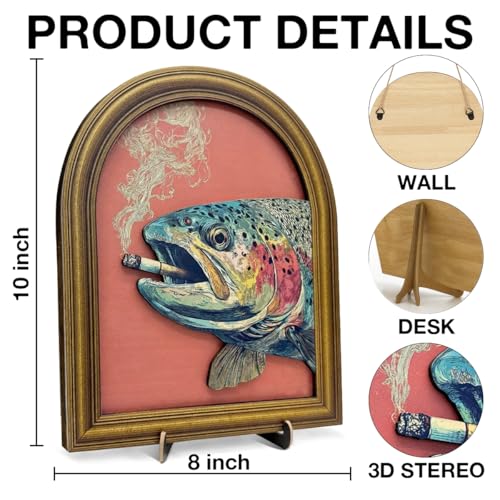 3D Funny Vintage Trout Wall Art Sign Retro Whimsical Man Cave Decor | Whimsical Trout Fish Animal Decor Sign for Home Bar Mancave Desk Wall Shelf Decor 8x10 Inch - color: color-E