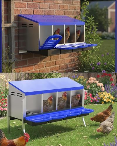 GarveeLife Chicken Nesting Box 4 Hole, Galvanized Steel Nest with Roll Away Egg Collection & Swing Perch, Easy-Clean Laying Box for Hens, Heavy Duty Design for Chicken Coop - color: Blue, size: 4 holes with legs